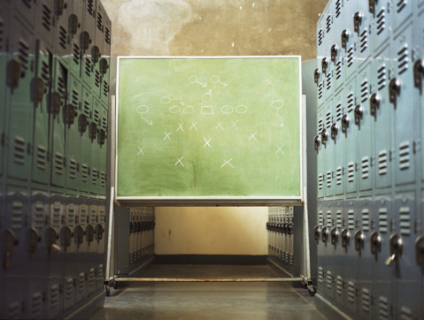 Chalkboard in a locker room depicting a winning P2P strategy