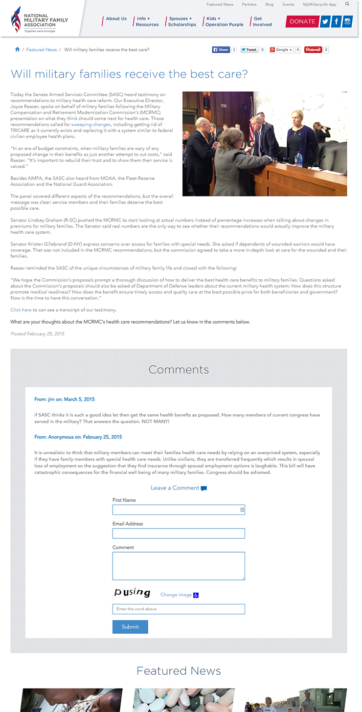 National Military Family Association Featured Article with Comments section